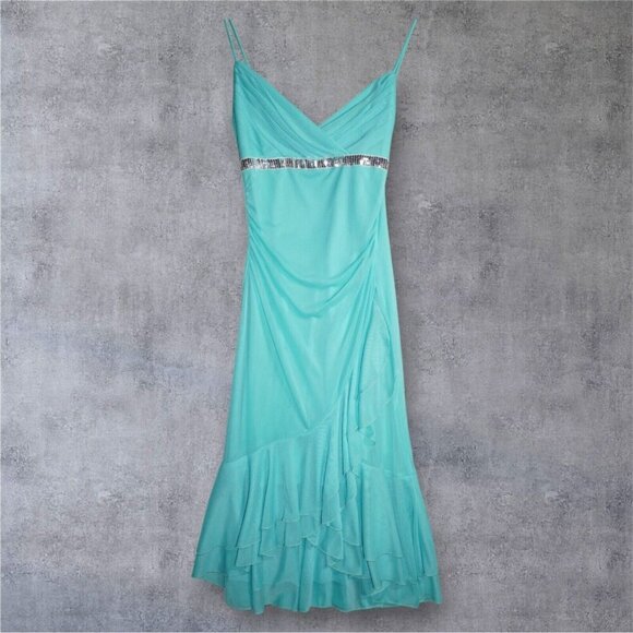 My Michelle Aqua Blue Slip Dress - Size M - Sequin Trim, Ruched Mesh, Ruffle Hem - Picture 3 of 16